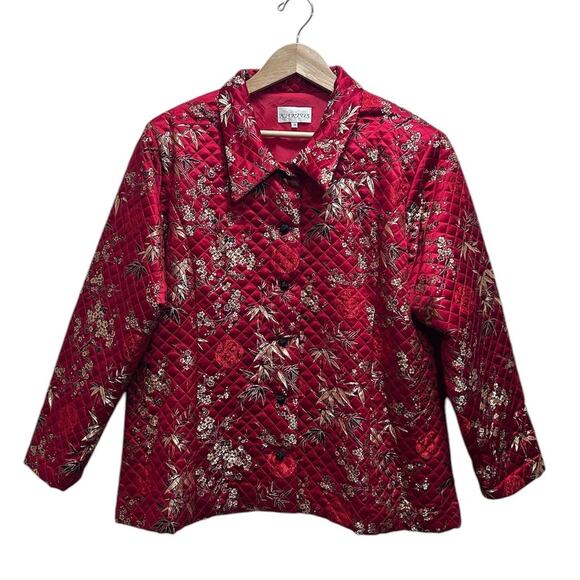 VTG KAKTUS Quilted Floral Red Gold Blk Silk Rayon Jacket 1X Lined Button Front - Picture 2 of 7